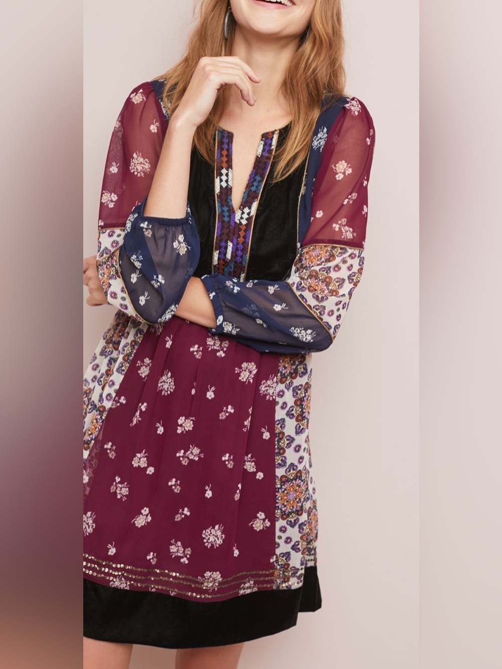 Maeve x Anthropologie quartier Latin boho patchwork velvet sequin dress sz m